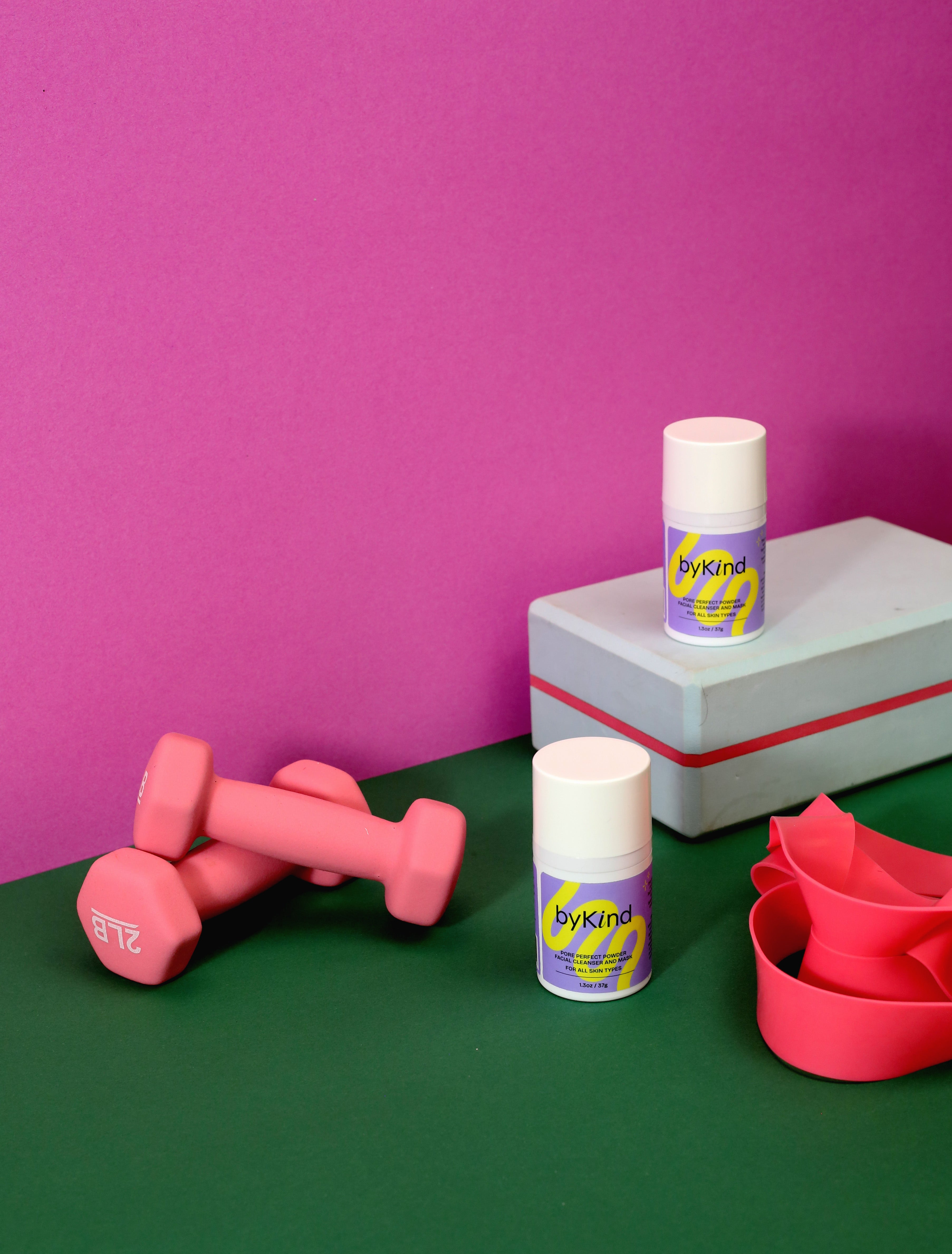 weights and yoga block with powder cleanser