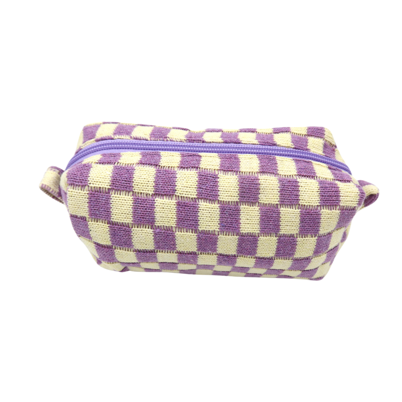 purple and cream checkered toiletry pouch with zipper top