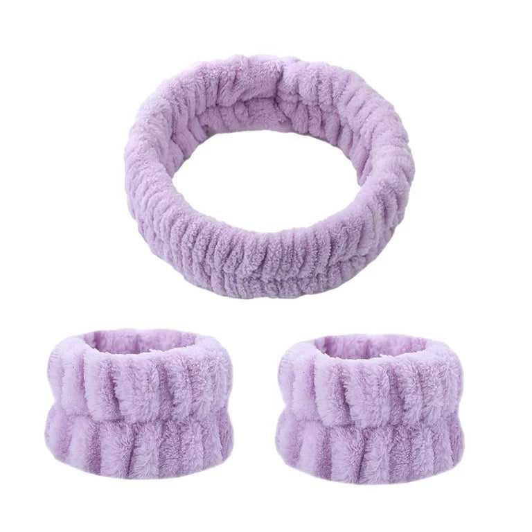 purple microfiber headband and wrist band set for face washing